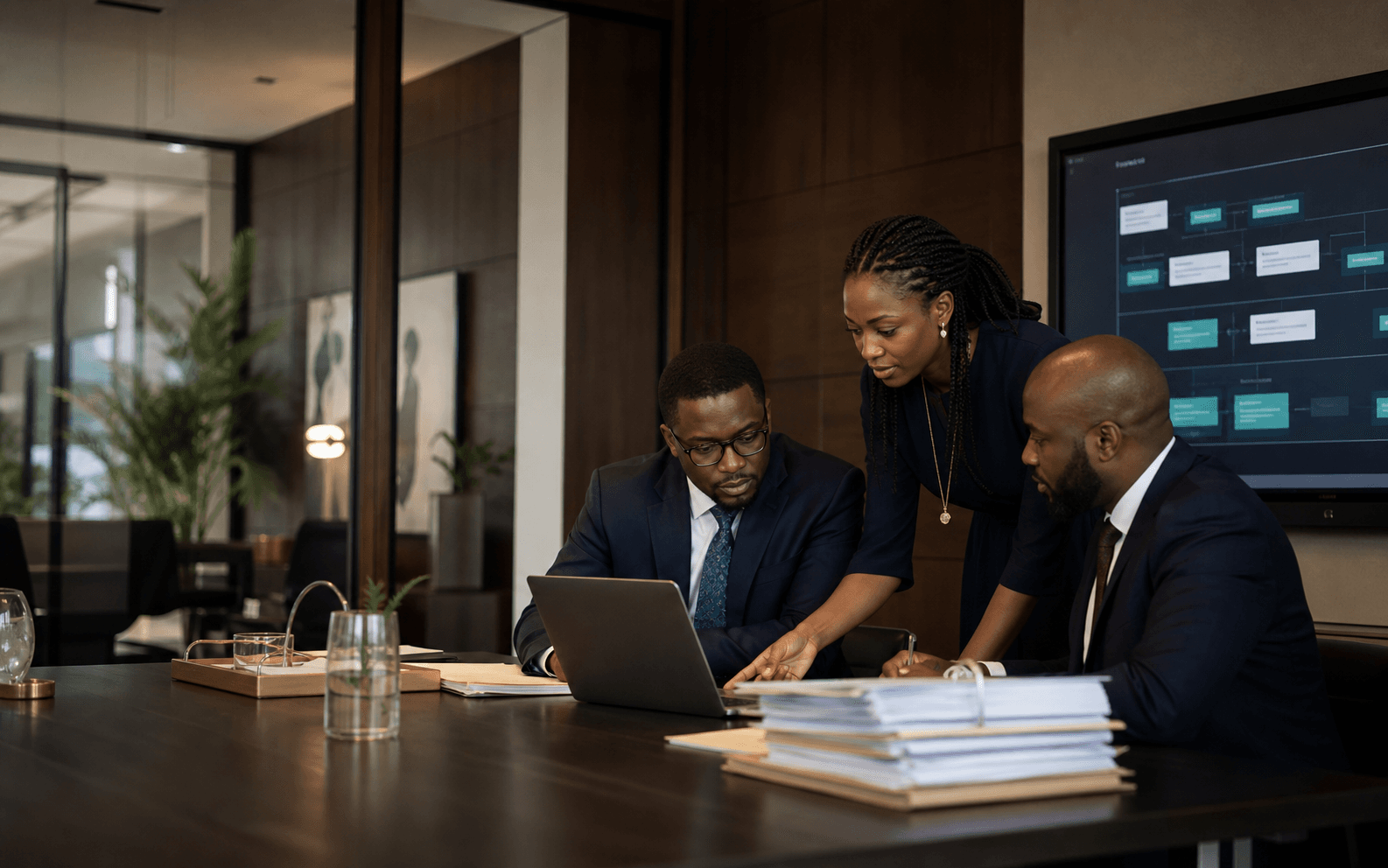 Legal operations team reviewing case workflows in a modern office