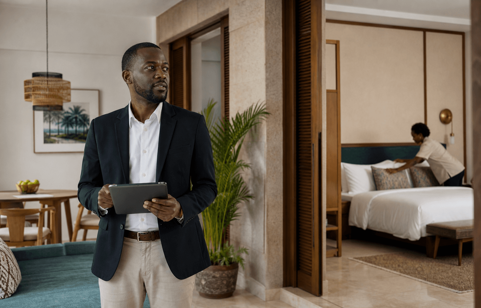 Property operations manager using a tablet in a serviced apartment