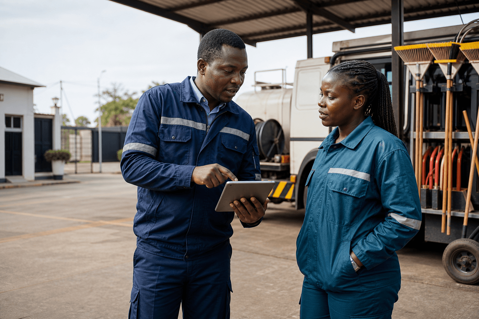 Field-service team reviewing the day's work on a tablet