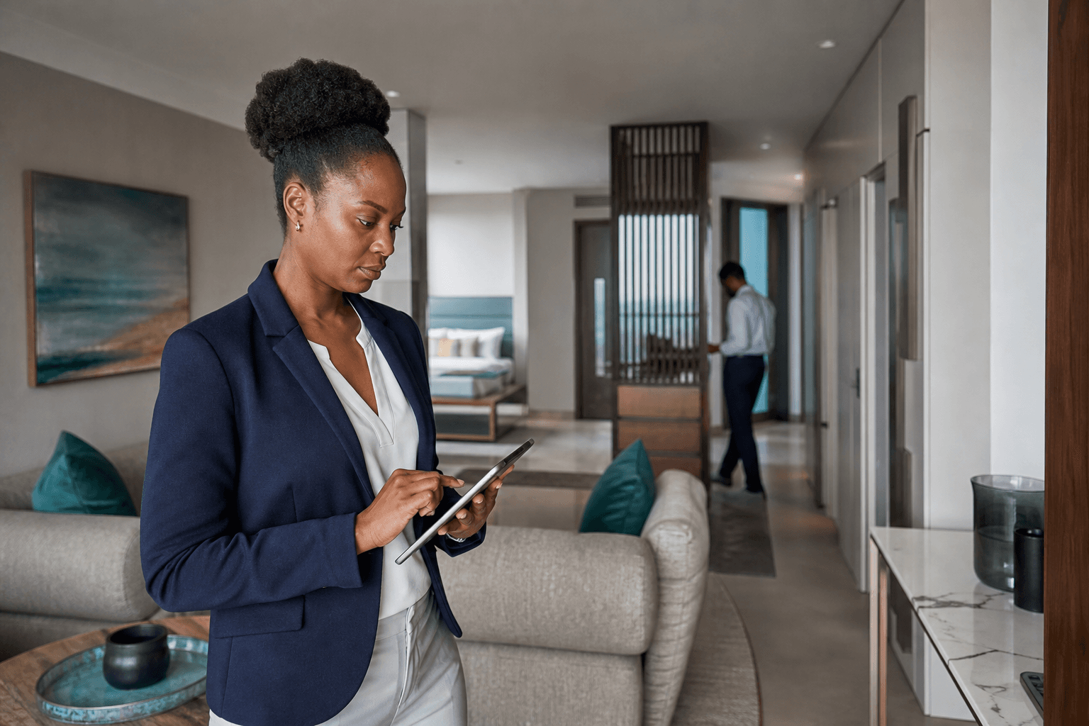 Property operator coordinating an inspection on a tablet